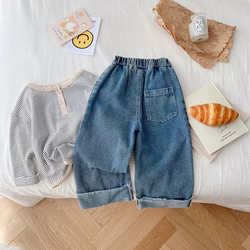 Modes Bērnu meiteņu džinsi 1–7 gadi Maziem bērniem elastīga vidukļa multfilma Lācis saplēsts džinsa bikses platas bikses rudens drēbes