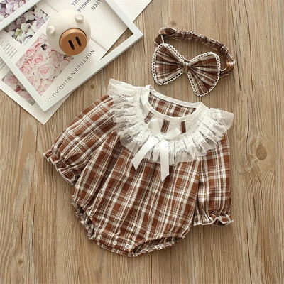 Kevadsügisene ruuduline beebitüdruku bodid pikkade varrukatega vibu volangid puuvillased tüdrukute kombinesoonid riided + peapaelad