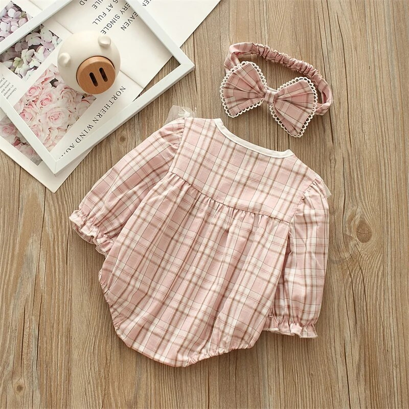 Kevadsügisene ruuduline beebitüdruku bodid pikkade varrukatega vibu volangid puuvillased tüdrukute kombinesoonid riided + peapaelad