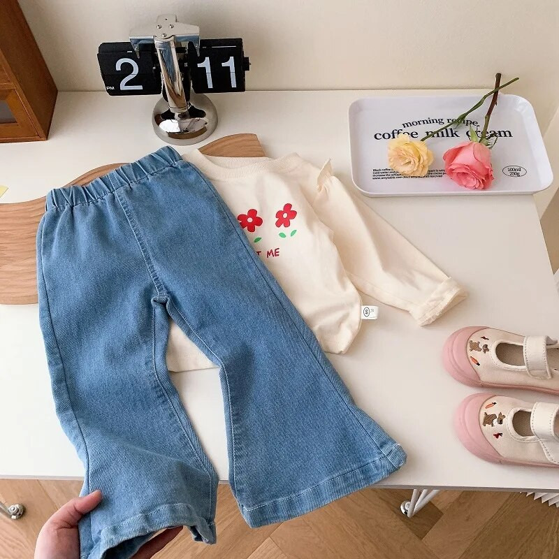 Gyerek Lány Kiszélesedett nadrág 1-7 éves Kisgyermek Gyerekek Egyszínű rugalmas derék farmer nadrág csengő alsó divat tavaszi farmer ruhák