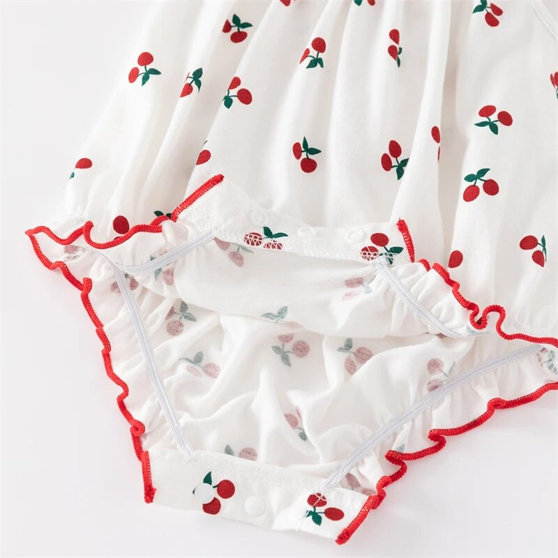 Vasaras bezpiedurkņu kokvilnas jaundzimušo bērnu bodiji ķiršu apdruka meiteņu kombinezoni viengabala apģērbi