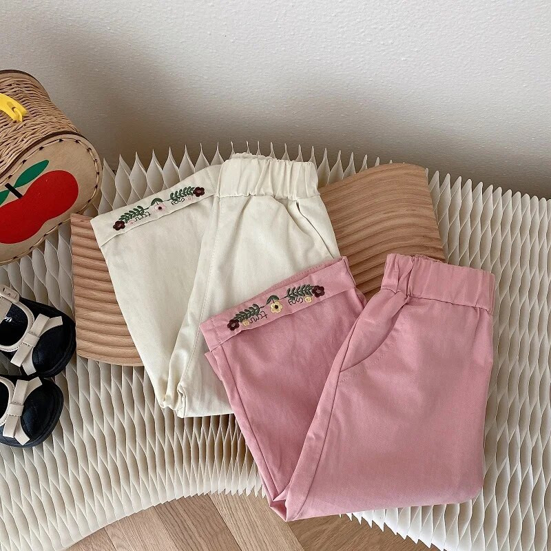 Lovely Kids Baby Girl Nadrág 0-6 éves Gyermekek Elasztikus derékhímzés Virág Bő nadrág Alsó felsőruházat Őszi ruhák