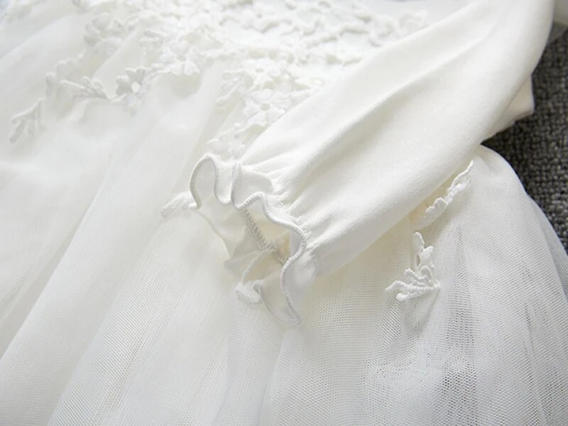 Princeses meiteņu kleita pavasara rudens ar garām piedurknēm pušķis mežģīnes ziedi kleitas balti meiteņu apģērbi