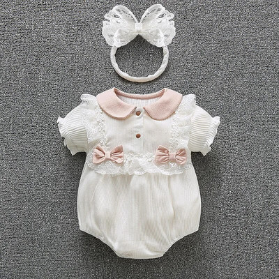 Suvised lühikeste varrukatega vastsündinud beebitüdruku püksid Printsessi pitsilised tüdrukute kombinesoonid