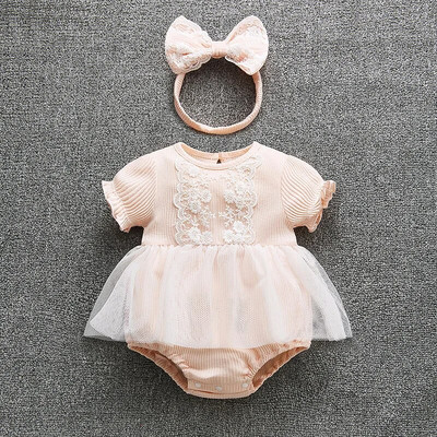 Suvised lühikeste varrukatega vastsündinud beebitüdruku püksid Printsessi pitsilised tüdrukute kombinesoonid