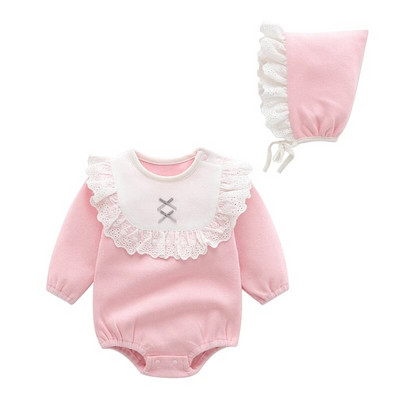 Ανοιξιάτικη φθινοπωρινή δαντέλα Νεογέννητο κοριτσάκι Ρούχα Πριγκίπισσα Ολόσωμη φόρμα Σετ ρούχων Κοριτσίστικο κορμάκι+ Καπέλα