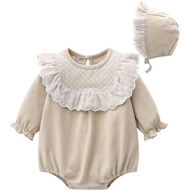 Ανοιξιάτικη φθινοπωρινή δαντέλα Νεογέννητο κοριτσάκι Ρούχα Πριγκίπισσα Ολόσωμη φόρμα Σετ ρούχων Κοριτσίστικο κορμάκι+ Καπέλα