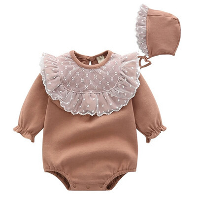 Ανοιξιάτικη φθινοπωρινή δαντέλα Νεογέννητο κοριτσάκι Ρούχα Πριγκίπισσα Ολόσωμη φόρμα Σετ ρούχων Κοριτσίστικο κορμάκι+ Καπέλα