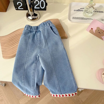 2023 Copii Fată Pantaloni din denim cu picior lat 0-6 ani Copii copii cu talie elastică model inimă Pantaloni largi Blugi de primăvară de toamnă