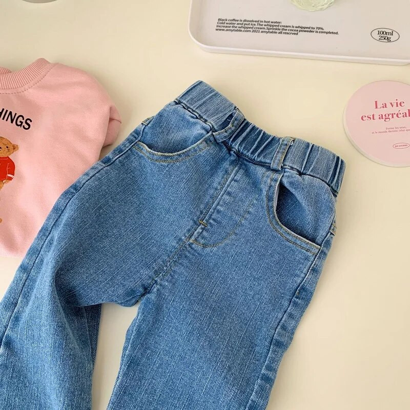 Lovely Toddler Παιδικά τζιν κορίτσια 0-6 ετών Παιδιά Ελαστική μέση λουλούδι με άνθη τζιν παντελόνι Παντελόνι καμπάνα στο κάτω μέρος Ρούχα