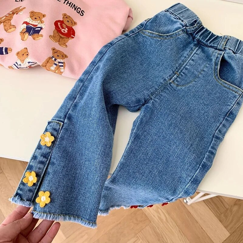 Lovely Toddler Παιδικά τζιν κορίτσια 0-6 ετών Παιδιά Ελαστική μέση λουλούδι με άνθη τζιν παντελόνι Παντελόνι καμπάνα στο κάτω μέρος Ρούχα