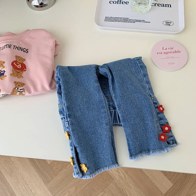 Lovely Toddler Παιδικά τζιν κορίτσια 0-6 ετών Παιδιά Ελαστική μέση λουλούδι με άνθη τζιν παντελόνι Παντελόνι καμπάνα στο κάτω μέρος Ρούχα
