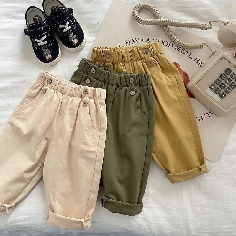 Bērnu bikses zēniem 0–6 gadi, mazuļi, bērni, vienkrāsaini elastīgi vidukļa pogai, kabatas bikses, apakšā, ikdienas pavasara apģērbi