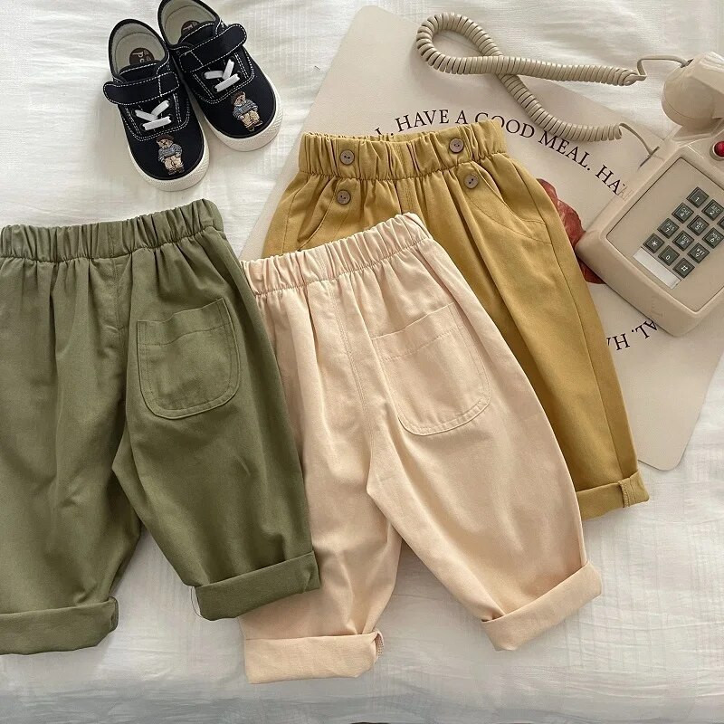 Bērnu bikses zēniem 0–6 gadi, mazuļi, bērni, vienkrāsaini elastīgi vidukļa pogai, kabatas bikses, apakšā, ikdienas pavasara apģērbi