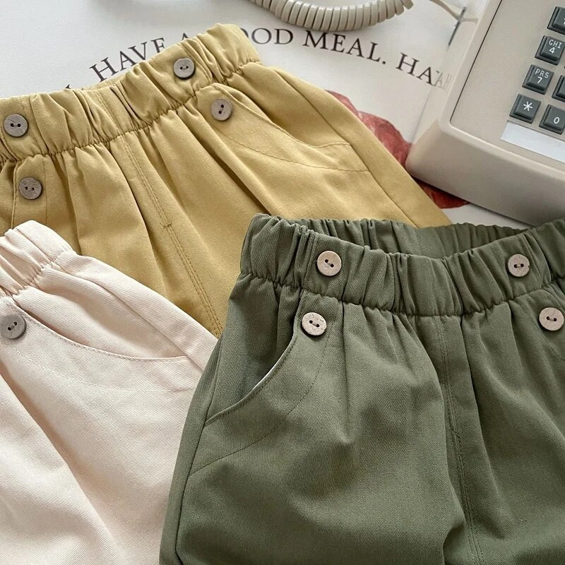 Bērnu bikses zēniem 0–6 gadi, mazuļi, bērni, vienkrāsaini elastīgi vidukļa pogai, kabatas bikses, apakšā, ikdienas pavasara apģērbi