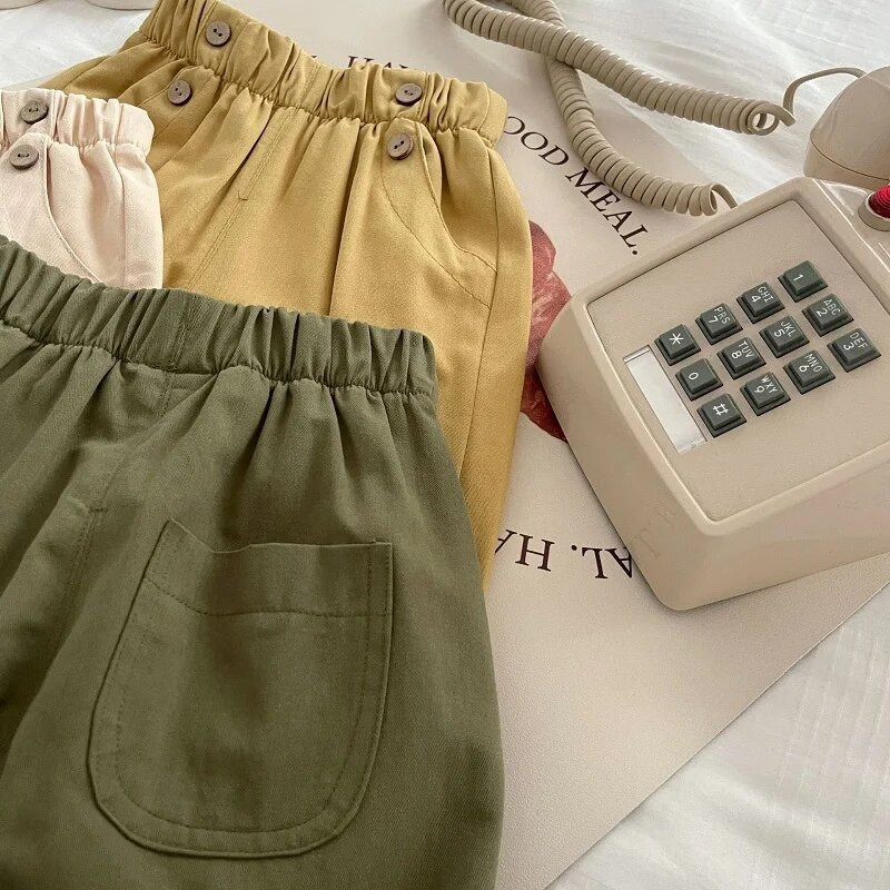 Bērnu bikses zēniem 0–6 gadi, mazuļi, bērni, vienkrāsaini elastīgi vidukļa pogai, kabatas bikses, apakšā, ikdienas pavasara apģērbi