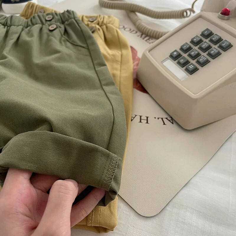 Bērnu bikses zēniem 0–6 gadi, mazuļi, bērni, vienkrāsaini elastīgi vidukļa pogai, kabatas bikses, apakšā, ikdienas pavasara apģērbi