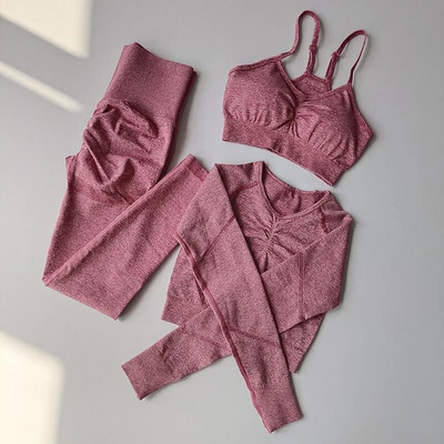 3PC Jogas Komplekts Sporta tērps ar garām piedurknēm Crop Tops Augstas jostasvietas legingi Bezšuvju vingrošanas treniņtērps Fitness Treniņa Apģērbs Sieviešu Sporta Apģērbs