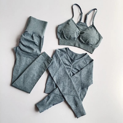 3PC Jogas Komplekts Sporta tērps ar garām piedurknēm Crop Tops Augstas jostasvietas legingi Bezšuvju vingrošanas treniņtērps Fitness Treniņa Apģērbs Sieviešu Sporta Apģērbs