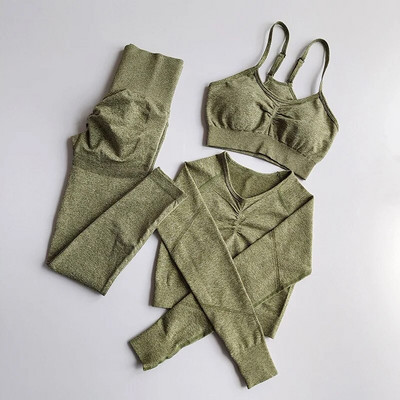 3PC Jogas Komplekts Sporta tērps ar garām piedurknēm Crop Tops Augstas jostasvietas legingi Bezšuvju vingrošanas treniņtērps Fitness Treniņa Apģērbs Sieviešu Sporta Apģērbs