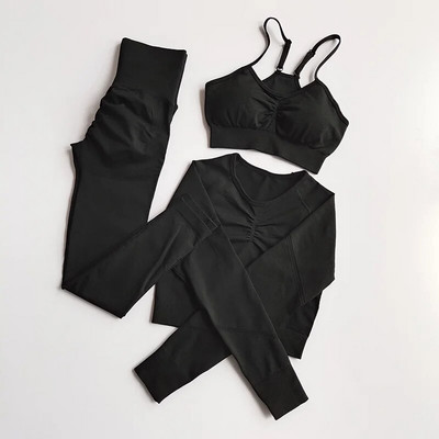 3PC Jogas Komplekts Sporta tērps ar garām piedurknēm Crop Tops Augstas jostasvietas legingi Bezšuvju vingrošanas treniņtērps Fitness Treniņa Apģērbs Sieviešu Sporta Apģērbs