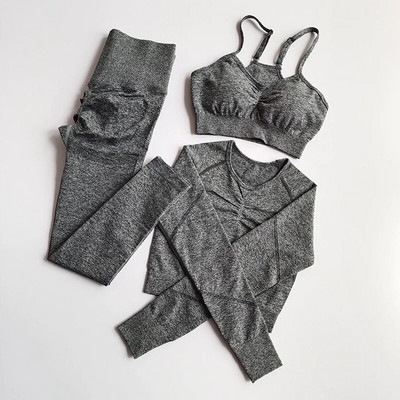 3PC Jogas Komplekts Sporta tērps ar garām piedurknēm Crop Tops Augstas jostasvietas legingi Bezšuvju vingrošanas treniņtērps Fitness Treniņa Apģērbs Sieviešu Sporta Apģērbs