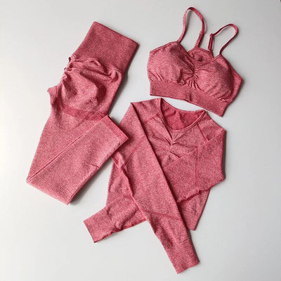3PC Jogas Komplekts Sporta tērps ar garām piedurknēm Crop Tops Augstas jostasvietas legingi Bezšuvju vingrošanas treniņtērps Fitness Treniņa Apģērbs Sieviešu Sporta Apģērbs