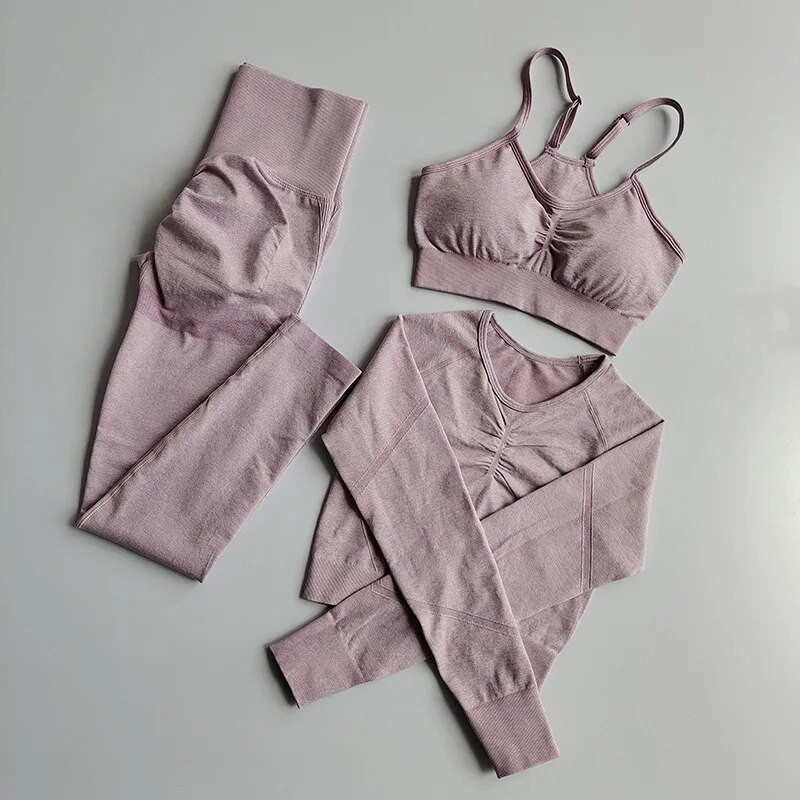3PC Jogas Komplekts Sporta tērps ar garām piedurknēm Crop Tops Augstas jostasvietas legingi Bezšuvju vingrošanas treniņtērps Fitness Treniņa Apģērbs Sieviešu Sporta Apģērbs