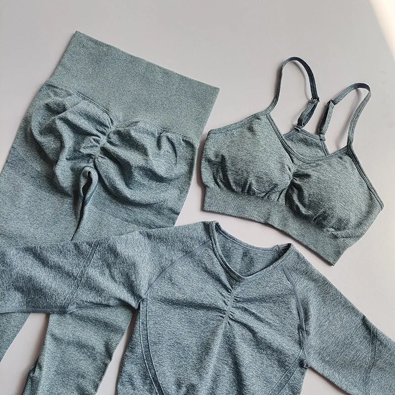 3PC Jogas Komplekts Sporta tērps ar garām piedurknēm Crop Tops Augstas jostasvietas legingi Bezšuvju vingrošanas treniņtērps Fitness Treniņa Apģērbs Sieviešu Sporta Apģērbs