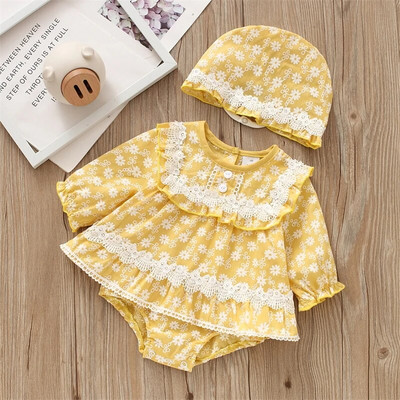 Princeses Mežģīnes Meiteņu Apģērbi Pavasara Rudens Kokvilnas Bodijs Onesie Kombinezoni + Cepure