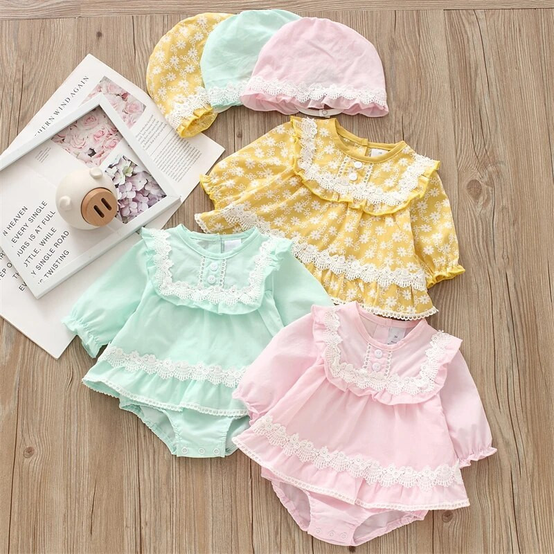 Princeses Mežģīnes Meiteņu Apģērbi Pavasara Rudens Kokvilnas Bodijs Onesie Kombinezoni + Cepure