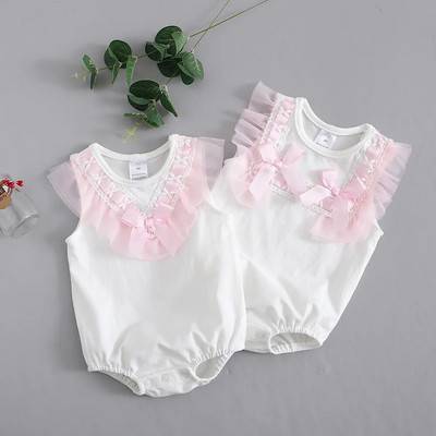 Nyári csipke masni újszülött baba lány testkrémek fehér pamut jumpsuit onesie ruhák