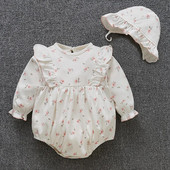 Ziedu apdruka Vasaras mazuļu meiteņu apģērbi, volāni ar garām piedurknēm, kokvilnas kombinezoni, komplekti, meiteņu bodiji + cepures