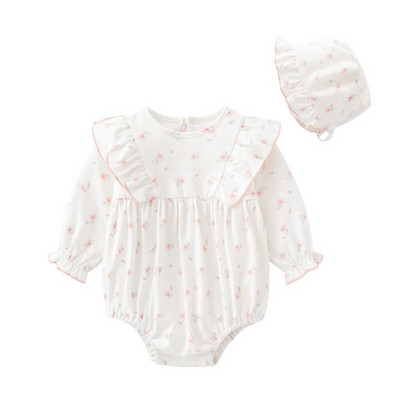 Ziedu apdruka Vasaras mazuļu meiteņu apģērbi, volāni ar garām piedurknēm, kokvilnas kombinezoni, komplekti, meiteņu bodiji + cepures