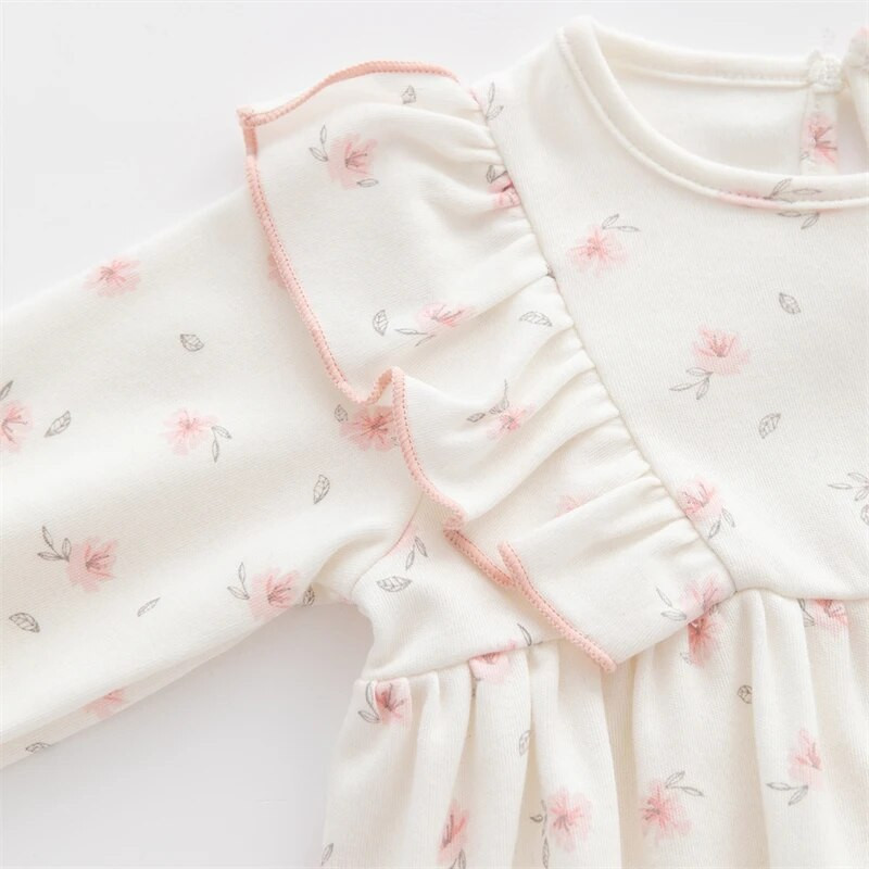 Ziedu apdruka Vasaras mazuļu meiteņu apģērbi, volāni ar garām piedurknēm, kokvilnas kombinezoni, komplekti, meiteņu bodiji + cepures