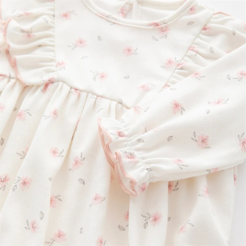 Ziedu apdruka Vasaras mazuļu meiteņu apģērbi, volāni ar garām piedurknēm, kokvilnas kombinezoni, komplekti, meiteņu bodiji + cepures