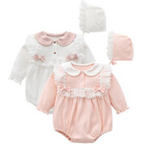 Princess Lace Flower Baby Girls Clohtes 2023 Καλοκαιρινό φιόγκο κορμάκια μακρυμάνικα βρεφική φόρμα με καπέλο