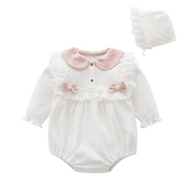 Princess Lace Flower Baby Girls Clohtes 2023 Καλοκαιρινό φιόγκο κορμάκια μακρυμάνικα βρεφική φόρμα με καπέλο