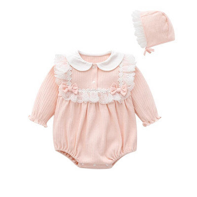 Princess Lace Flower Baby Girls Clohtes 2023 Καλοκαιρινό φιόγκο κορμάκια μακρυμάνικα βρεφική φόρμα με καπέλο