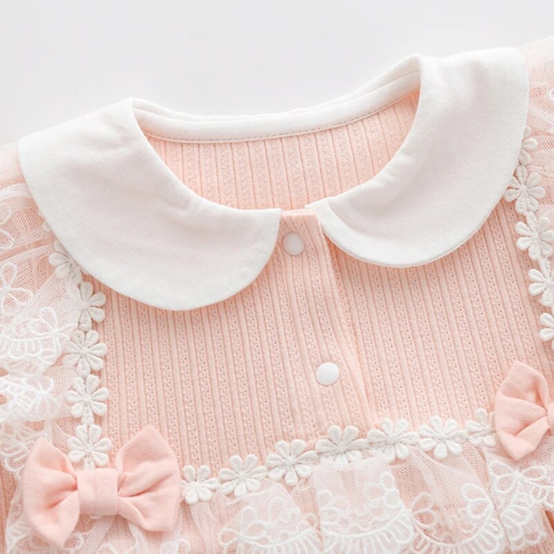 Princess Lace Flower Baby Girls Clohtes 2023 Καλοκαιρινό φιόγκο κορμάκια μακρυμάνικα βρεφική φόρμα με καπέλο