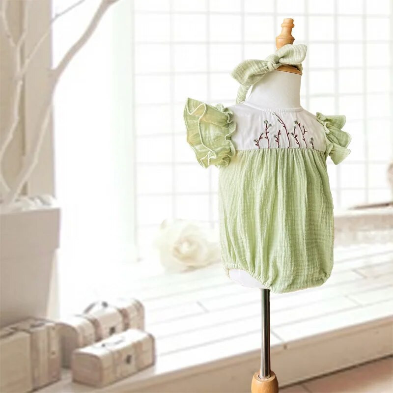 Βολάν μανίκι Καλοκαιρινό μωρό κορμάκι Ρούχα Κέντημα Δενδρύλλιο Κοριτσίστικα Onesies Κεφαλόδεσμοι