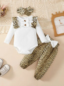 0-2 gadus vecas jaundzimušā meitenes pavasara un rudens apaļas kakla krāsas balts tops ar garām piedurknēm ar leoparda raksta biksēm, modes gudrs komplekts
