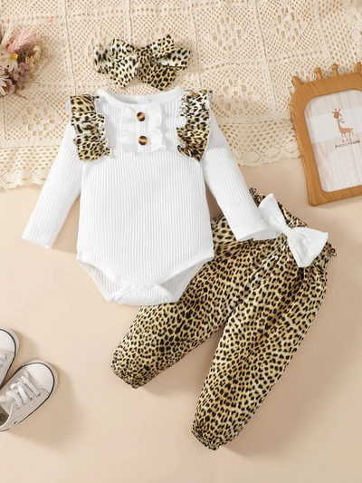 0-2 gadus vecas jaundzimušā meitenes pavasara un rudens apaļas kakla krāsas balts tops ar garām piedurknēm ar leoparda raksta biksēm, modes gudrs komplekts