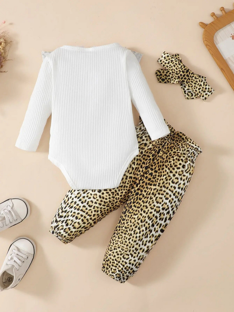 0-2 gadus vecas jaundzimušā meitenes pavasara un rudens apaļas kakla krāsas balts tops ar garām piedurknēm ar leoparda raksta biksēm, modes gudrs komplekts