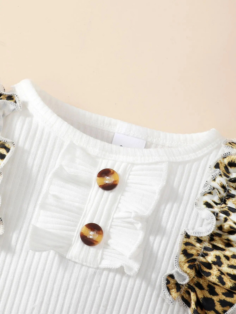 0-2 gadus vecas jaundzimušā meitenes pavasara un rudens apaļas kakla krāsas balts tops ar garām piedurknēm ar leoparda raksta biksēm, modes gudrs komplekts