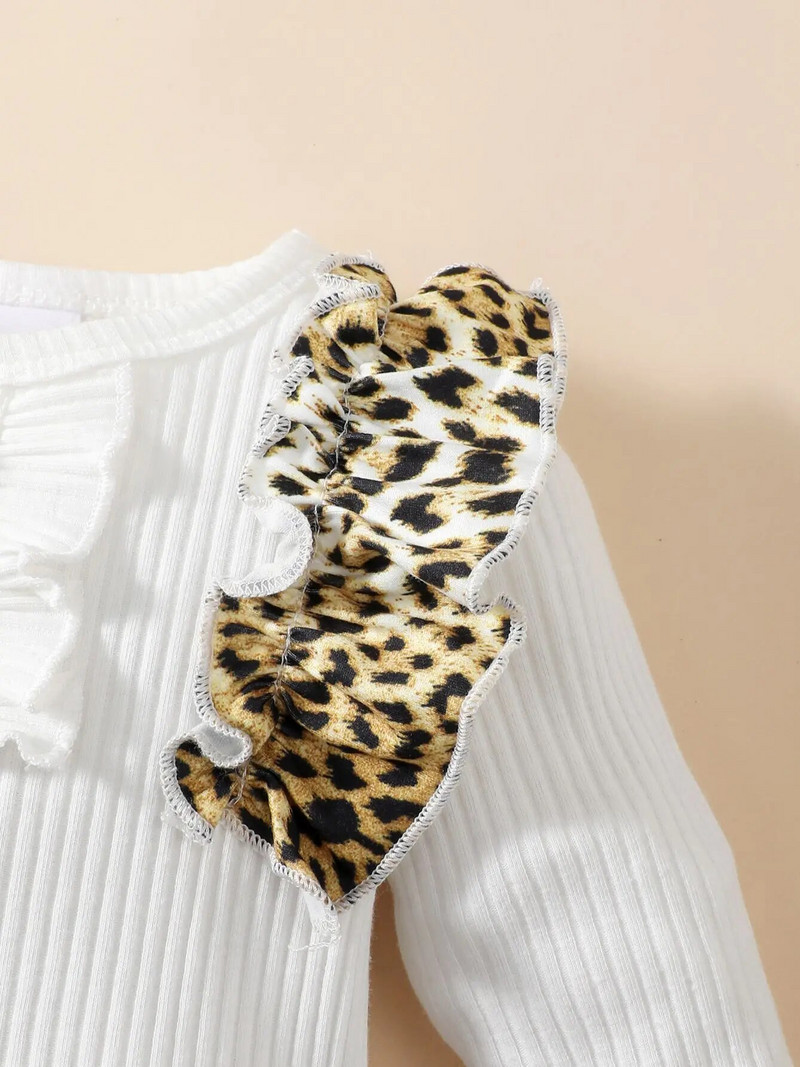 0-2 gadus vecas jaundzimušā meitenes pavasara un rudens apaļas kakla krāsas balts tops ar garām piedurknēm ar leoparda raksta biksēm, modes gudrs komplekts