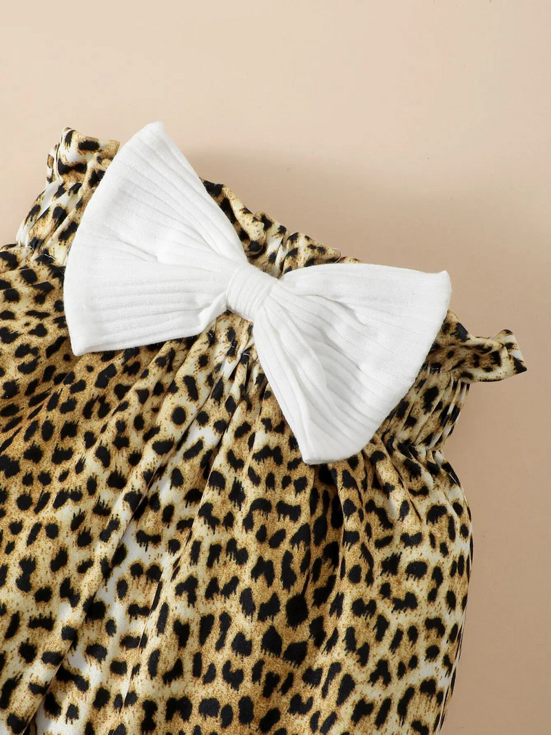 0-2 gadus vecas jaundzimušā meitenes pavasara un rudens apaļas kakla krāsas balts tops ar garām piedurknēm ar leoparda raksta biksēm, modes gudrs komplekts