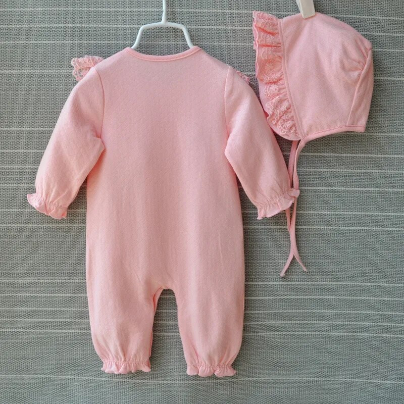 Princess Cotton νεογέννητο κοριτσάκι Ρούχα δαντέλα Φιόγκος Ολόσωμη φόρμα άνοιξη φθινόπωρο Βρεφικά κορίτσια Σετ ρούχων Κορμάκι + Καπέλα