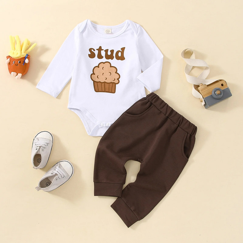 ma&baby 0-18M Νεογέννητο Βρέφος Βρέφος Αγόρια Κοριτσίστικα Ρούχα Σετ χαριτωμένο κέικ τύπωμα Romper Παντελόνι Μικρό μωρό Φθινοπωρινά ρούχα για την άνοιξη