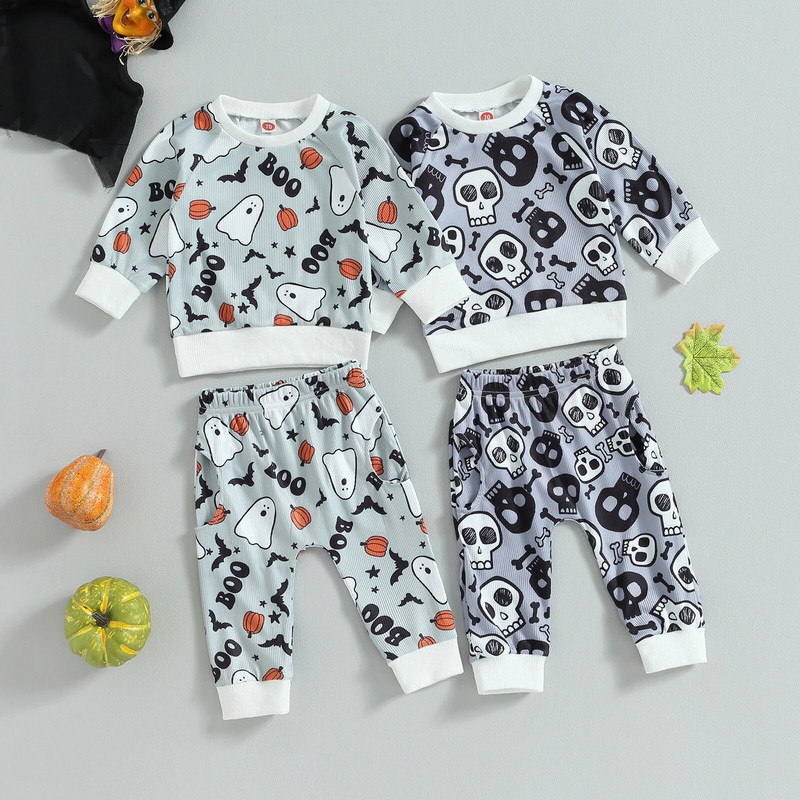 ma&baby 0-24 M Halovīni, zēni, meitenes, apģērbu komplekti ar garām piedurknēm, džemperi, topi Ghost Skull print bikses, kostīmi, mazuļu kostīmi
